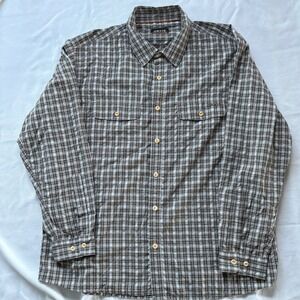 Orvis Mens Plaid Long‎ Sleeve Button Up Shirt Nylon Polyester Blend Khaki Green